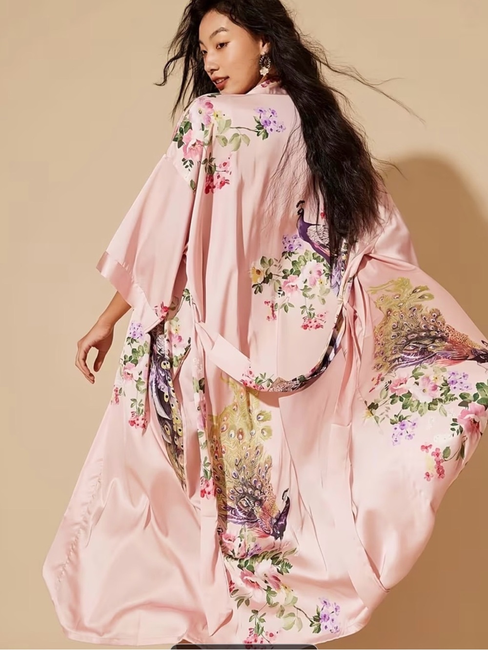 Silky Pink Floral Peacock Kimono Robe